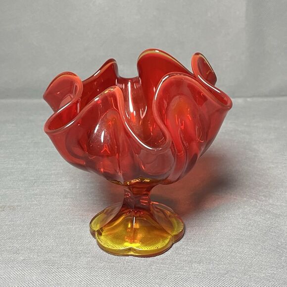 Vtg 70s L E Smith Amberina Glass Footed Pedestal Bowl Handkerchief 6 Finger Vase - Picture 4 of 10